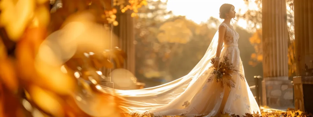 a Radiant Bride Stands Confidently in a Flowing Autumn-inspired Gown, Surrounded by Warm Golden Leaves, Embodying Elegance and Seasonal Charm in a Beautifully Lit Bridal Boutique. - Scarlet Poppy Bridal Boutique - Scarlet Poppy Bridal Boutique