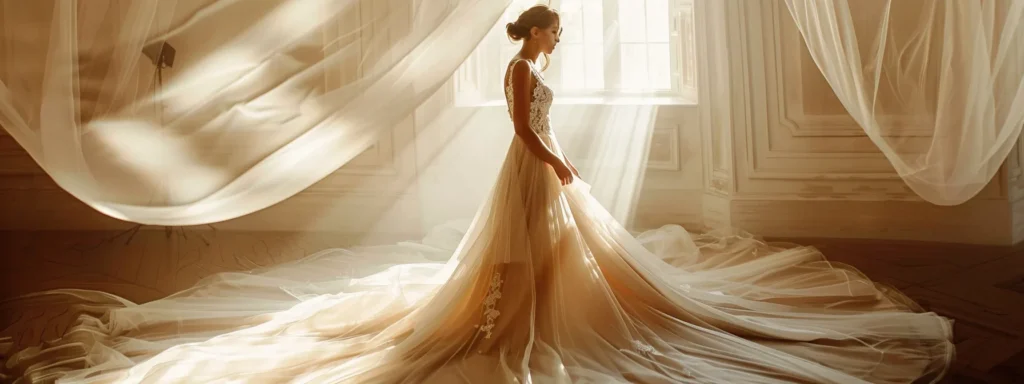 a Radiant Bride Stands Confidently in a Flowing Wedding Dress That Perfectly Accentuates Her Hourglass Figure, Surrounded by Ethereal Soft Lighting That Highlights the Elegance of Her Silhouette Against a Dreamy Backdrop. - Scarlet Poppy Bridal Boutique - Scarlet Poppy Bridal Boutique