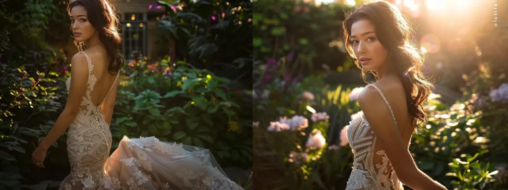 a Radiant Bride Stands Confidently in a Sunlight-drenched Garden, Showcasing a Beautifully Tailored Mermaid Gown That Elegantly Accentuates Her Unique Body Shape and Enhances Her Natural Beauty. - Scarlet Poppy Bridal Boutique - Scarlet Poppy Bridal Boutique