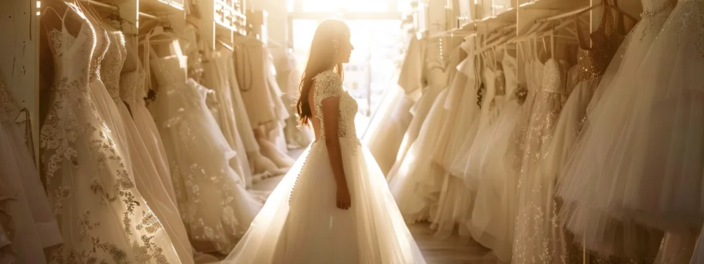 a Radiant Bride Stands Dazzled in a Sunlit Boutique, Surrounded by a Cascade of Exquisite Wedding Dresses on Display, Capturing the Essence of Joy and Possibility During Her Gown Fitting. - Scarlet Poppy Bridal Boutique - Scarlet Poppy Bridal Boutique