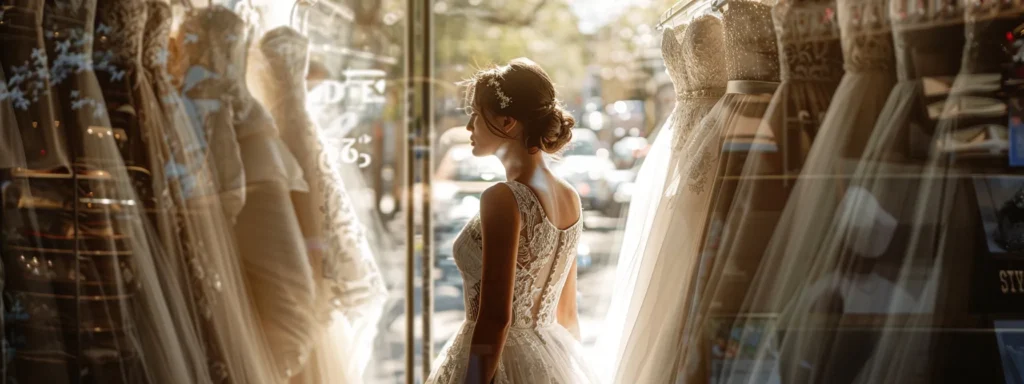 a Radiant Bride Stands Elegantly in Front of a Charming Local Wedding Dress Boutique, Bathed in Soft, Natural Light, As She Explores a Stunning Array of Gowns Displayed in the Window, Embodying the Excitement and Anticipation of Finding Her Perfect Dress. - Scarlet Poppy Bridal Boutique - Scarlet Poppy Bridal Boutique
