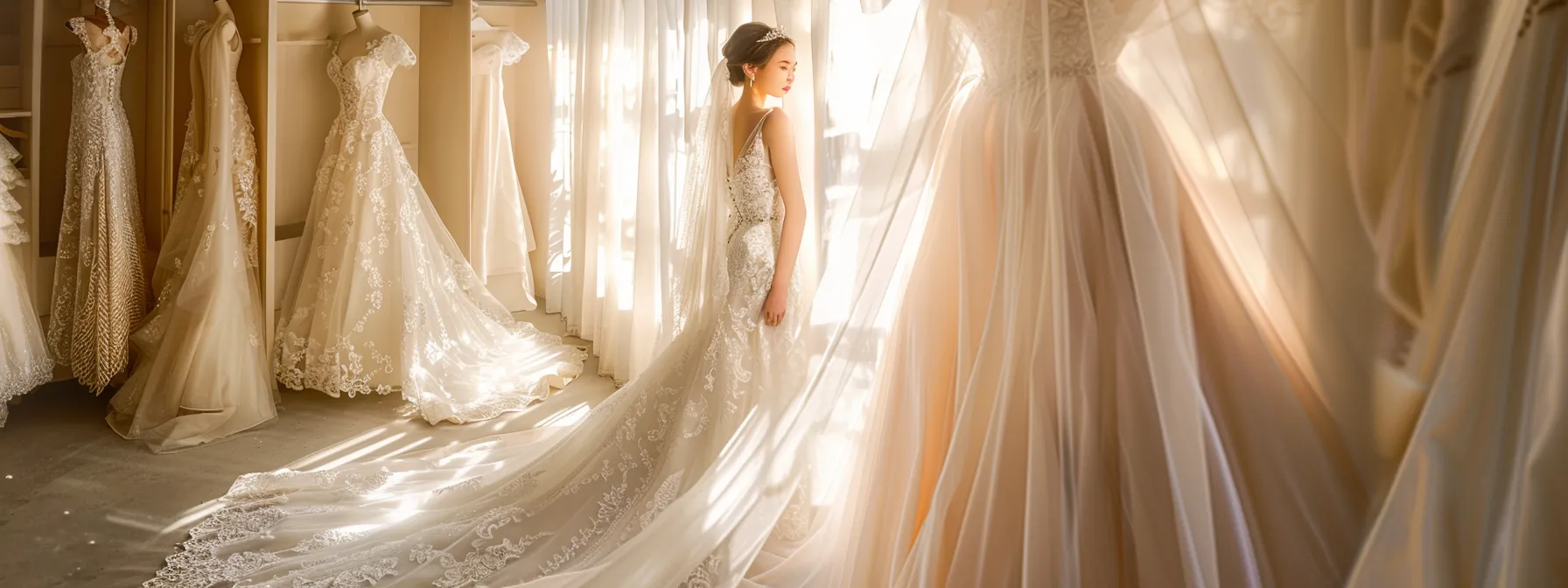 a Radiant Bride Stands Elegantly in a Sunlit Bridal Boutique, Surrounded by a Selection of Exquisite Wedding Dresses, Each Reflecting Her Thoughtful Budgeting Journey with Shimmering Fabrics and Intricate Designs. - Scarlet Poppy Bridal Boutique - Scarlet Poppy Bridal Boutique