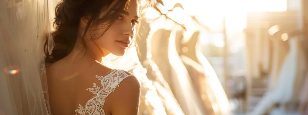 a Radiant Bride Stands Elegantly in a Sunlit Bridal Boutique, Surrounded by Flowing Lace Wedding Dresses, Embodying the Perfect Balance of Beauty and Budget-consciousness. - Scarlet Poppy Bridal Boutique - Scarlet Poppy Bridal Boutique