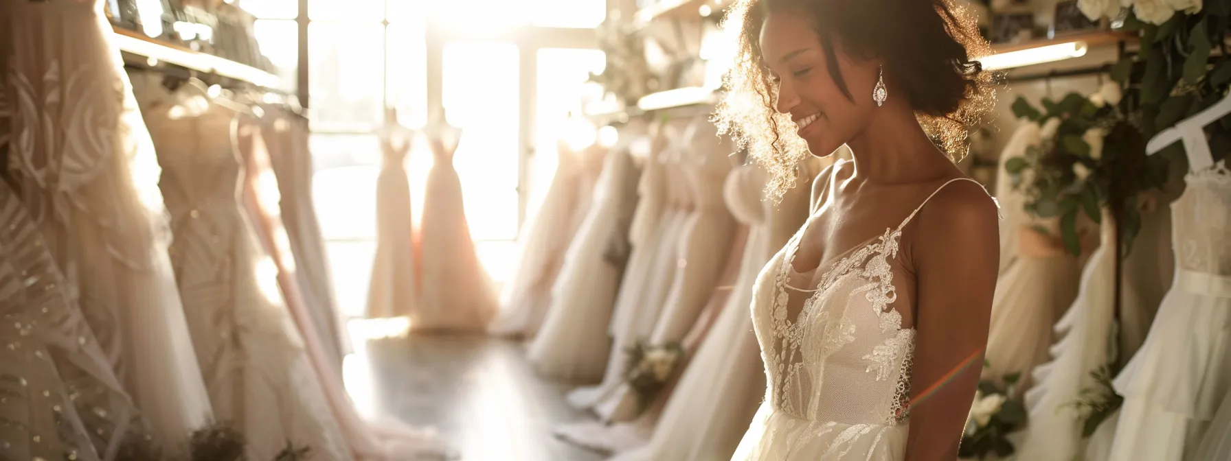 a Radiant Bride Stands Elegantly in a Sun-drenched Boutique, Surrounded by Flowing Wedding Dresses in Varying Styles That Complement Diverse Body Types, Capturing the Essence of Finding the Perfect Gown. - Scarlet Poppy Bridal Boutique - Scarlet Poppy Bridal Boutique
