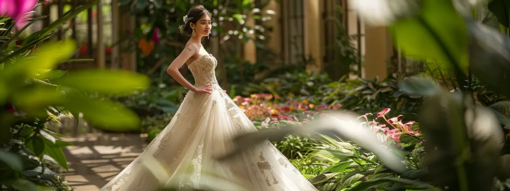 a Radiant Bride Stands Gracefully in a Tea-length Bridal Gown, Surrounded by a Lush Garden Filled with Blooming Flowers, Capturing the Essence of Elegance and Modern Charm in Soft, Natural Light. - Scarlet Poppy Bridal Boutique - Scarlet Poppy Bridal Boutique