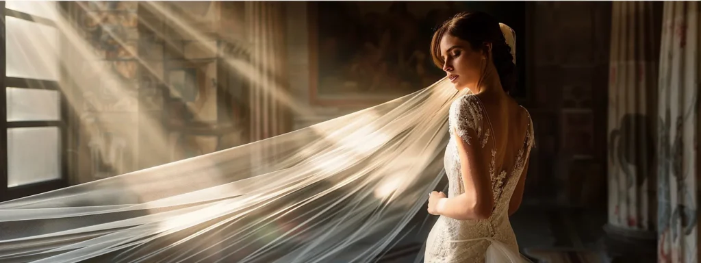a Radiant Bride Stands Gracefully in an Elegantly Draped Wedding Gown, Enveloped in Soft, Natural Light That Highlights the Gown's Intricate Silhouette and Accentuates Her Confidence and Individuality. - Scarlet Poppy Bridal Boutique - Scarlet Poppy Bridal Boutique
