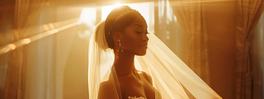 a Radiant Bride Stands Gracefully in a Sunlit Room, Adorned in a Luxurious Bridal Gown, Showcasing a Stunning Veil and Delicate Jewelry That Perfectly Complement Her Elegant Ensemble. - Scarlet Poppy Bridal Boutique - Scarlet Poppy Bridal Boutique
