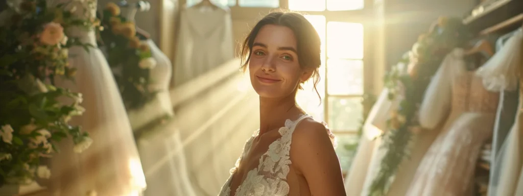 a Radiant Bride Stands Gracefully in a Sunlit Boutique, Surrounded by an Array of Exquisite Wedding Dresses, Embodying a Blend of Personal Style and Traditional Elegance While Reflecting a Moment of Introspection and Emotional Resilience. - Scarlet Poppy Bridal Boutique - Scarlet Poppy Bridal Boutique