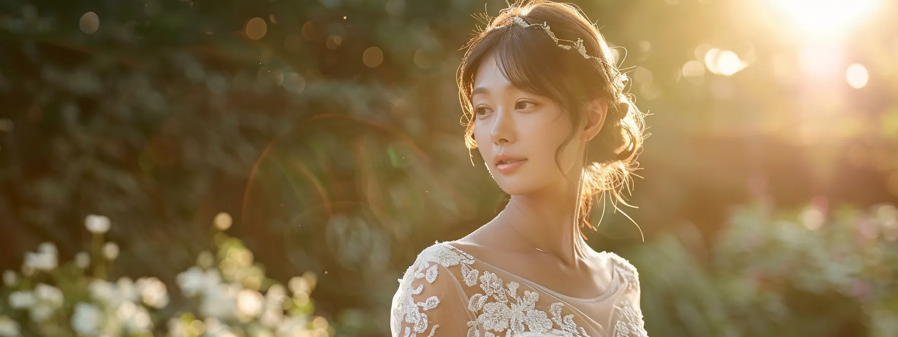 a Radiant Bride Stands Gracefully in a Sunlit Garden, Showcasing an Elegant, Affordable Wedding Dress Adorned with Delicate Lace and Flowing Tulle, Embodying Timeless Beauty and Budget-friendly Style. - Scarlet Poppy Bridal Boutique - Scarlet Poppy Bridal Boutique