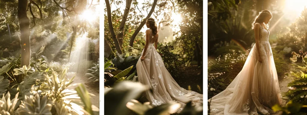 a Radiant Bride Stands Gracefully in a Lush Garden, Adorned in a Stunning Organic Bridal Gown Made of Flowing, Eco-friendly Fabric, Illuminated by Soft, Golden Sunlight Filtering Through the Trees, Epitomizing the Elegance of Sustainable Fashion. - Scarlet Poppy Bridal Boutique - Scarlet Poppy Bridal Boutique