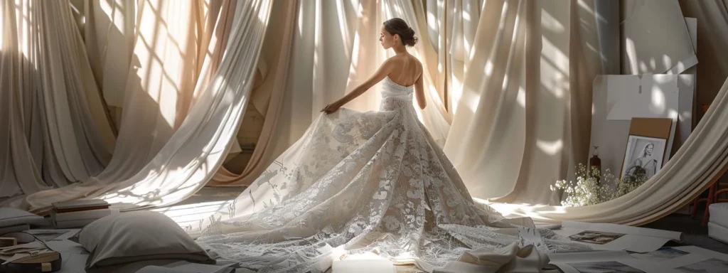 a Radiant Bride Stands Gracefully in a Stunning Wedding Dress That Flatters Her Figure, Surrounded by Elegant Fabric Swatches and Design Sketches, Symbolizing the Journey of Finding the Perfect Gown for Every Body Type. - Scarlet Poppy Bridal Boutique - Scarlet Poppy Bridal Boutique