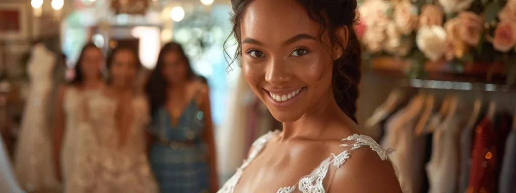a Radiant Bride Stands Gracefully in a Stunning Wedding Dress, Surrounded by Her Joyful Entourage in an Elegant Boutique, As Warm, Soft Lighting Highlights the Exquisite Craftsmanship and Diverse Styles Available. - Scarlet Poppy Bridal Boutique - Scarlet Poppy Bridal Boutique