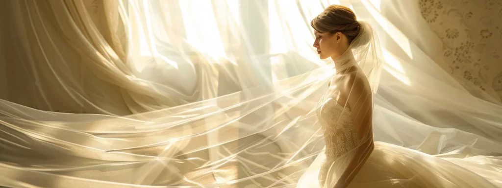 a Radiant Bride Stands Gracefully Beside a Sun-drenched Window, Surrounded by Flowing Swatches of Luxurious Fabrics, Contemplating Her Perfect Wedding Dress in a Serene and Dreamy Atmosphere. - Scarlet Poppy Bridal Boutique - Scarlet Poppy Bridal Boutique