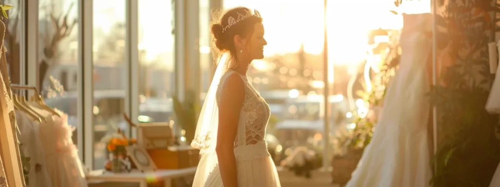 a Radiant Bride Stands Gracefully in a Sunlit Bridal Boutique, Surrounded by an Array of Elegant Wedding Dress Styles, Showcasing Exquisite Fabrics and Enchanting Embellishments That Reflect Her Joyful Anticipation for the Big Day. - Scarlet Poppy Bridal Boutique - Scarlet Poppy Bridal Boutique