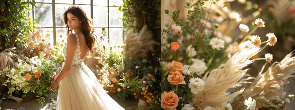 a Radiant Bride Stands Gracefully in a Sunlit Garden, Adorned in a Flowing Wedding Gown Made of Soft, Organic Tencel, Surrounded by Delicate Flowers and Lush Greenery, Symbolizing Sustainable Elegance and Beauty. - Scarlet Poppy Bridal Boutique - Scarlet Poppy Bridal Boutique