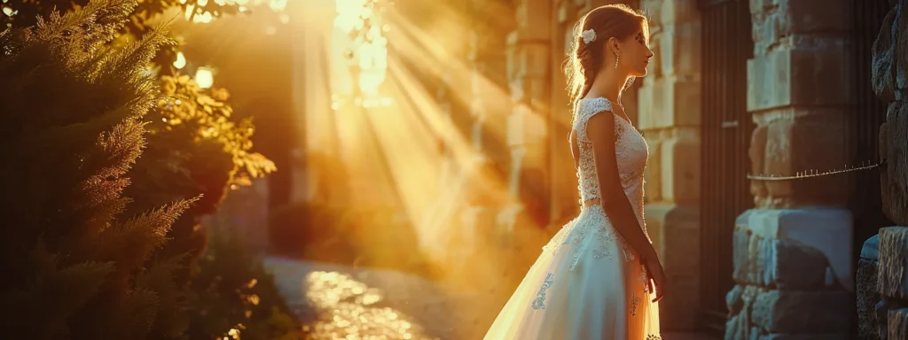a Radiant Bride Stands Gracefully in a Beautifully Crafted, Affordable Wedding Dress, Showcasing Elegant Fabrics and Minimalist Design Against a Softly Lit Outdoor Backdrop, Emphasizing the Harmony of Affordability and Sophistication. - Scarlet Poppy Bridal Boutique - Scarlet Poppy Bridal Boutique