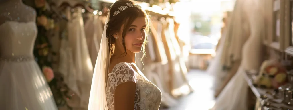 a radiant bride stands gracefully in a sunlit bridal shop, surrounded by elegant wedding dresses and shimmering accessories, embodying a sense of hope and clarity about her pricing journey.