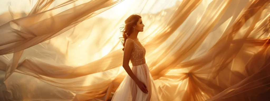 a Radiant Bride Stands Gracefully in a Flowing, Intricately Designed Gown, Showcasing Elegant Fabric Drapes and a Stunning Neckline, Surrounded by Soft, Ethereal Light That Highlights Her Joyful Expression Against a Serene Outdoor Backdrop. - Scarlet Poppy Bridal Boutique - Scarlet Poppy Bridal Boutique