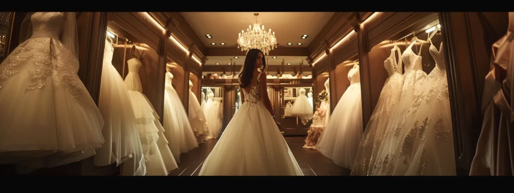 a Radiant Bride Stands Gracefully Amidst an Elegant Boutique Filled with a Stunning Array of Wedding Dresses, Each Intricately Designed, Capturing the Essence of Romance and Style in Soft, Diffused Light. - Scarlet Poppy Bridal Boutique - Scarlet Poppy Bridal Boutique