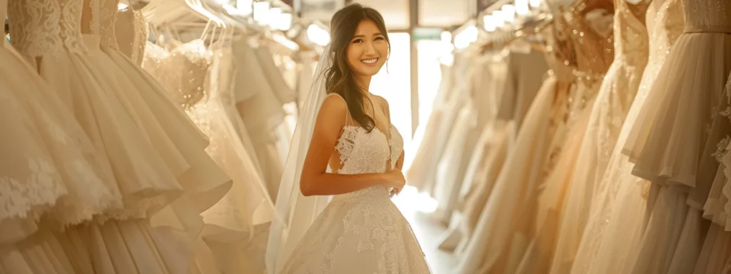 a Radiant Bride Stands in a Softly Lit Bridal Boutique, Surrounded by Elegantly Draped Wedding Dresses, Thoughtfully Examining Her Budget While Contemplating Her Dream Gown. - Scarlet Poppy Bridal Boutique - Scarlet Poppy Bridal Boutique