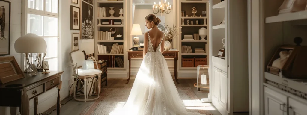 a Radiant Bride Stands in an Elegant Bridal Boutique, Surrounded by Lush Autumn Hues and Delicate Accessories, Exuding Confidence and Joy As She Prepares for Her Final Fitting in a Stunning Designer Wedding Gown. - Scarlet Poppy Bridal Boutique - Scarlet Poppy Bridal Boutique