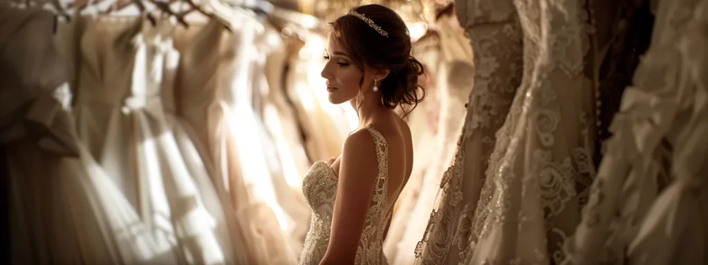 a Radiant Bride Stands in a Luxurious Bridal Boutique, Surrounded by Exquisite Wedding Gowns Draped Elegantly on Vintage Hangers, Illuminated by Soft, Ambient Light That Highlights the Intricate Fabrics and Delicate Embellishments. - Scarlet Poppy Bridal Boutique - Scarlet Poppy Bridal Boutique