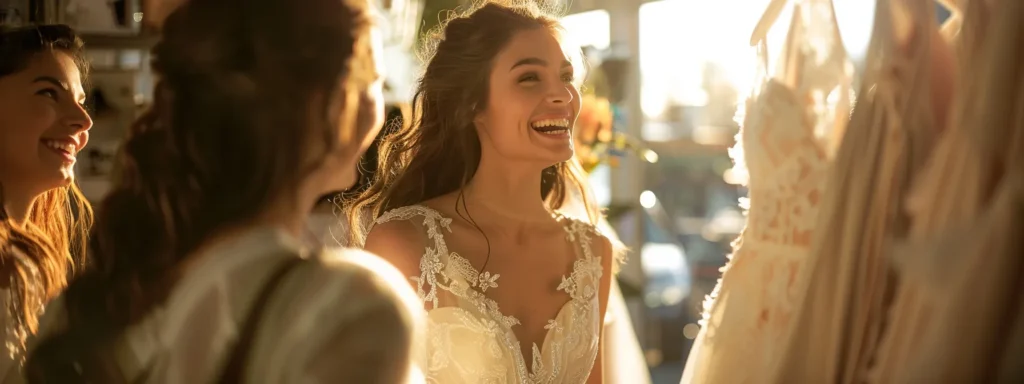 a Radiant Bride Stands in a Sunlit Boutique Surrounded by Delighted Friends, As They All Admire a Stunning Wedding Dress Draped Elegantly on a Display, Capturing the Joy and Support of the Wedding Dress Shopping Experience. - Scarlet Poppy Bridal Boutique - Scarlet Poppy Bridal Boutique