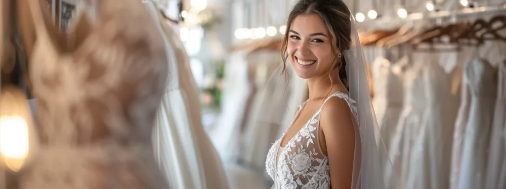 a Radiant Bride Stands in an Elegant Local Wedding Dress Boutique, Surrounded by Exquisite, Handcrafted Gowns and Delicate Veils, Basking in Warm, Inviting Light That Highlights Her Beaming Smile and the Personalized Atmosphere of the Curated Space. - Scarlet Poppy Bridal Boutique - Scarlet Poppy Bridal Boutique