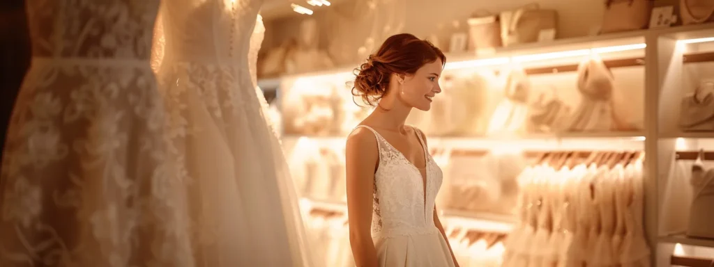 a Radiant Bride Stands in a Softly Lit Boutique, Surrounded by Elegant Wedding Dresses, Exuding Confidence As She Thoughtfully Compares Her Options and Finalises Her Dream Gown. - Scarlet Poppy Bridal Boutique - Scarlet Poppy Bridal Boutique
