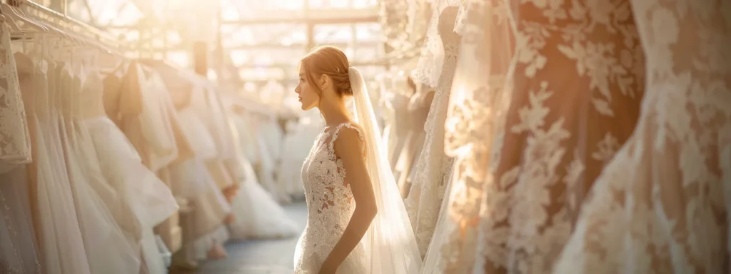 a Radiant Bride Stands in a Sunlit Bridal Boutique in Leeds, Contemplating a Stunning Wedding Dress, Framed by Elegant Lace and Soft Fabrics, While a Serene Atmosphere Captures the Essence of Thoughtful Budgeting and Dreamlike Preparations. - Scarlet Poppy Bridal Boutique - Scarlet Poppy Bridal Boutique
