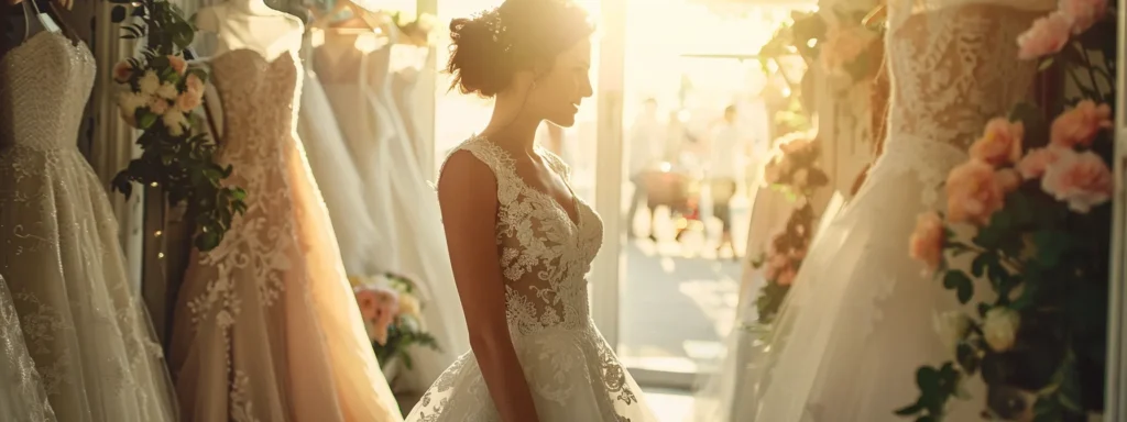 a Radiant Bride Stands in a Sunlit Boutique, Surrounded by Luxurious Designer Bridal Gowns Adorned with Intricate Lace and Elegant Embroidery, Showcasing Her Thoughtful Selection Process While Considering Her Budget. - Scarlet Poppy Bridal Boutique - Scarlet Poppy Bridal Boutique