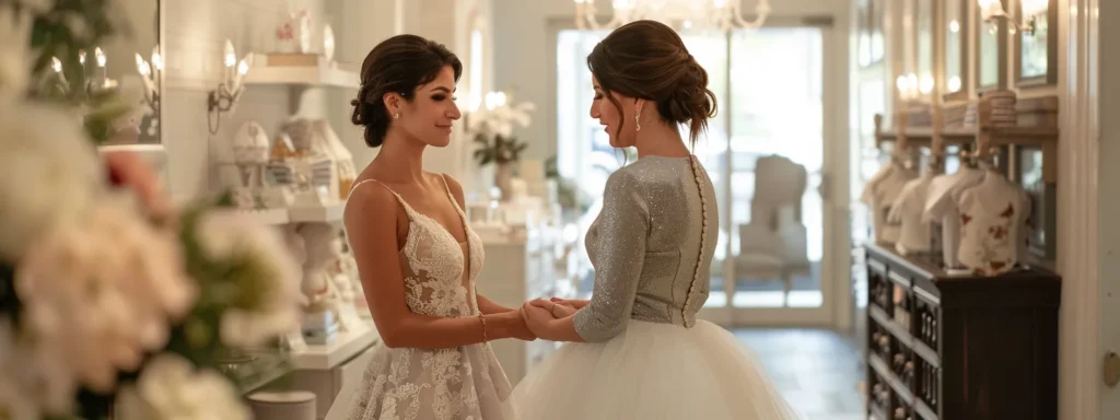 a Radiant Bride Stands in an Elegant Boutique, Surrounded by Soft, Diffused Natural Light, Engaging Warmly with an Expert Consultant Who Shares Personalized Insights, Capturing the Essence of Trust and Connection in the Bridal Consultation Experience. - Scarlet Poppy Bridal Boutique - Scarlet Poppy Bridal Boutique