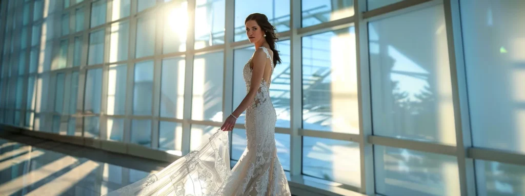 a Radiant Bride Stands Proudly in Her Uniquely Designed Custom Bridal Gown, Surrounded by Soft, Natural Light, Reflecting Her Journey of Creativity and Resilience. - Scarlet Poppy Bridal Boutique - Scarlet Poppy Bridal Boutique