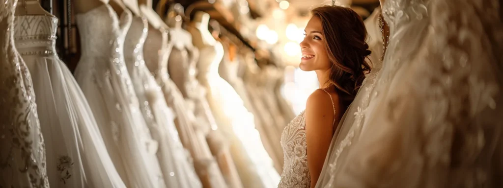 a Radiant Bride Surrounded by an Elegant Array of Wedding Gowns in a Beautifully Lit Bridal Shop, Embodying Joy and Excitement in Her Gown Selection Journey. - Scarlet Poppy Bridal Boutique - Scarlet Poppy Bridal Boutique
