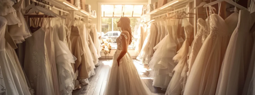 a Radiant Bride Surrounded by Elegant Wedding Gowns in a Cozy, Local Boutique, Showcasing a Warm and Intimate Atmosphere Filled with Soft, Natural Light That Highlights the Intricate Details of the Dresses. - Scarlet Poppy Bridal Boutique - Scarlet Poppy Bridal Boutique