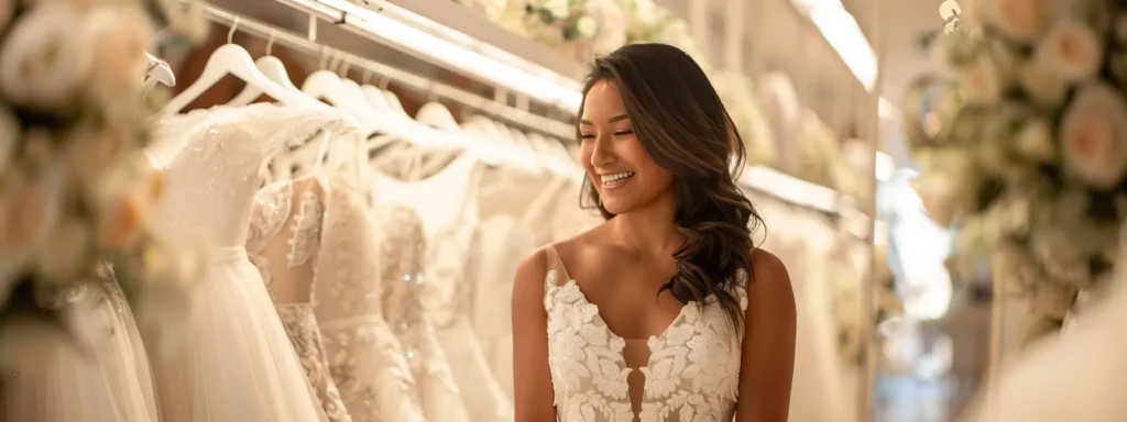 a Radiant Bride, Surrounded by Elegant Wedding Dress Options in a Bright, Airy Boutique, Carefully Examines a Stunning Gown While Exuding an Aura of Excitement and Anticipation. - Scarlet Poppy Bridal Boutique - Scarlet Poppy Bridal Boutique