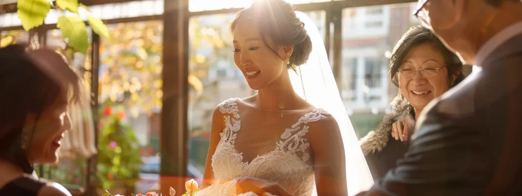 a Radiant Bride Surrounded by Her Family in an Elegantly Designed Boutique, Joyfully Selecting Her Wedding Dress, with Soft Natural Light Streaming in Through Large Windows, Creating an Atmosphere of Warmth and Celebration. - Scarlet Poppy Bridal Boutique - Scarlet Poppy Bridal Boutique
