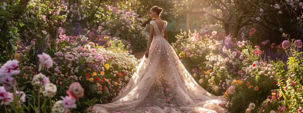 a Radiant Spring Wedding Scene Showcases a Flowing Pastel Gown Adorned with Delicate Floral Patterns and Intricate Embroidery, Bathed in Soft Natural Light Amidst a Blooming Garden Setting. - Scarlet Poppy Bridal Boutique - Scarlet Poppy Bridal Boutique