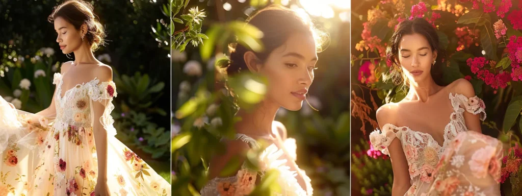 a Radiant Summer Bride in a Flowing, Lightweight Wedding Dress Adorned with Vibrant Floral Patterns Stands Gracefully in a Sunlit Garden, Surrounded by Lush Greenery and Delicate Blooms, Capturing the Essence of Elegance and Joy. - Scarlet Poppy Bridal Boutique - Scarlet Poppy Bridal Boutique