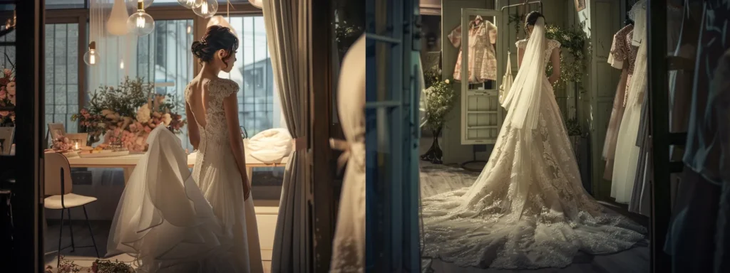 a Serene Bridal Boutique Adorned with Elegant Wedding Gowns in Soft Fabrics, Where a Stylist Engages in an Intimate Consultation with a Glowing Bride, Creating an Atmosphere of Personal Touch and Timeless Elegance. - Scarlet Poppy Bridal Boutique - Scarlet Poppy Bridal Boutique