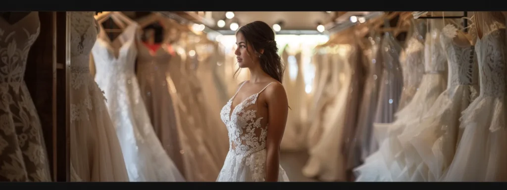 a Serene Bridal Boutique Filled with a Selection of Elegant Gowns, Where a Bride-to-be Thoughtfully Examines Her Options Under Soft, Diffused Lighting, Capturing the Blend of Excitement and Urgency in Her Expression As Time Ticks Away for Her Special Day. - Scarlet Poppy Bridal Boutique - Scarlet Poppy Bridal Boutique