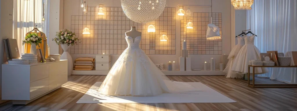 a Serene Bridal Boutique Scene Bathed in Soft, Diffused Lighting, Showcasing an Elegant Wedding Gown on a Polished Mannequin Amid Cascading Fabric Swatches and a Beautifully Organized Timeline Chart, Symbolizing the Harmony of Time Management in the Dress Selection Journey. - Scarlet Poppy Bridal Boutique - Scarlet Poppy Bridal Boutique