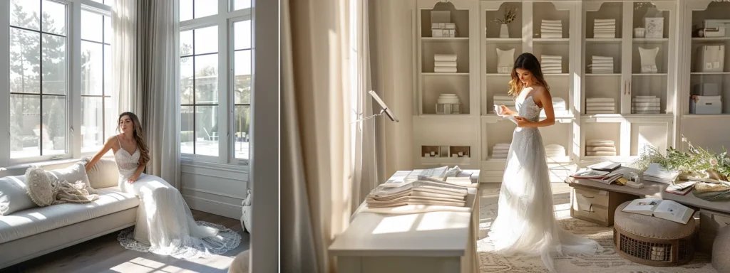 a Serene Bridal Consultation Room Filled with Soft Natural Light, Featuring a Bride Discussing Her Wedding Dress Alterations with a Dressmaker, Surrounded by Elegant Fabrics and Swatches, Exuding an Atmosphere of Transparency and Personalized Support. - Scarlet Poppy Bridal Boutique - Scarlet Poppy Bridal Boutique