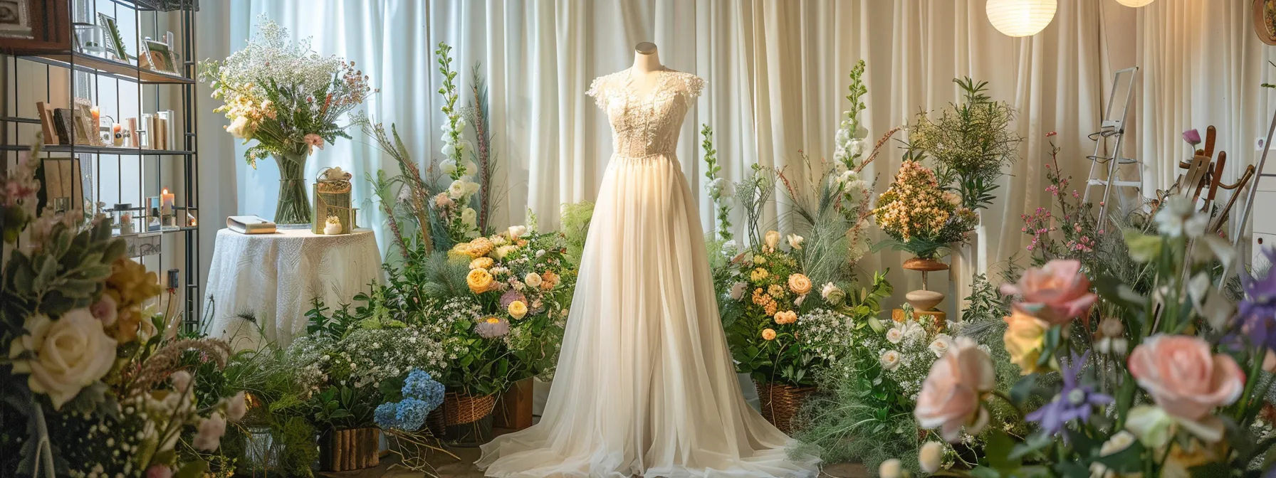 a Serene Bridal Consultation Setting, Featuring a Beautifully Arranged Vintage Bridal Gown on a Delicate Mannequin, Surrounded by Elegant Floral Arrangements and Soft, Ambient Lighting That Creates a Warm and Inviting Atmosphere. - Scarlet Poppy Bridal Boutique - Scarlet Poppy Bridal Boutique