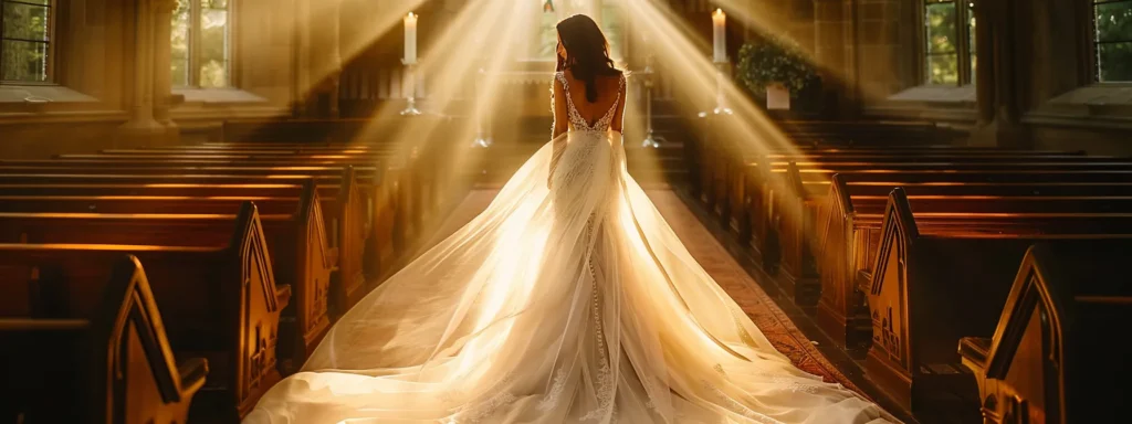 a Serene Bridal Moment Unfolds As a Radiant Bride Stands Gracefully in a Sunlit Chapel, Her Exquisite Gown Flowing Elegantly, Embodying Her Unique Style and a Deep Sense of Personal Identity. - Scarlet Poppy Bridal Boutique - Scarlet Poppy Bridal Boutique