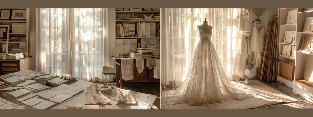 a Serene Bridal Scene Captures a Beautiful Wedding Dress on a Vintage Mannequin, Surrounded by Organized Fabric Swatches and Inspiration Boards, Illuminated by Soft, Natural Light Filtering Through a Nearby Window. - Scarlet Poppy Bridal Boutique - Scarlet Poppy Bridal Boutique