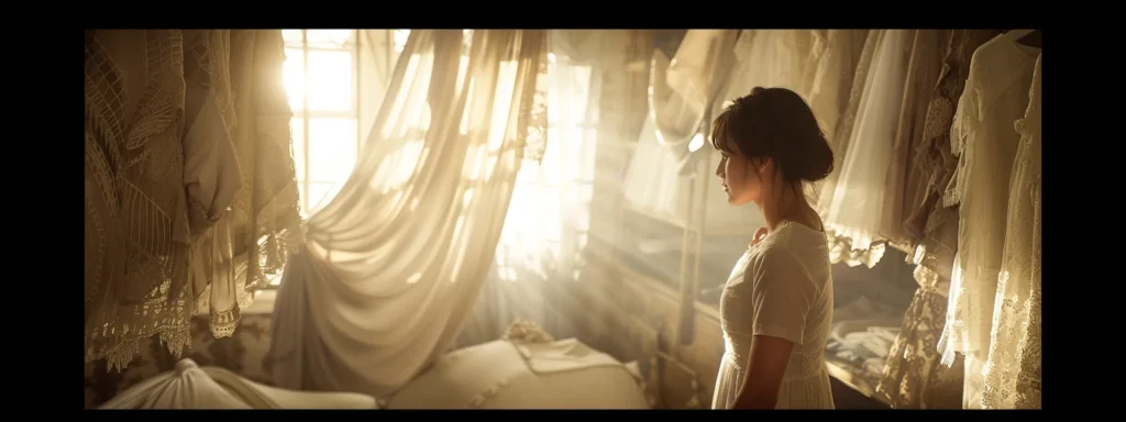 a Serene Bridal Shop Adorned with Elegant Gowns Hangs Gracefully in Soft, Diffused Light, Capturing a Moment of Joyful Anticipation As a Bride Receives Personalized Guidance from a Supportive Consultant Against a Backdrop of Delicate Lace and Ethereal Fabrics. - Scarlet Poppy Bridal Boutique - Scarlet Poppy Bridal Boutique
