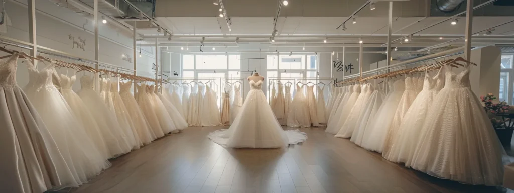 a Serene Bridal Shop Setting Features a Stunning Array of Affordable Wedding Dresses Elegantly Displayed, Bathed in Soft Natural Light, Inviting Budget-conscious Brides to Explore Unique Styles Tailored to Their Dreams. - Scarlet Poppy Bridal Boutique - Scarlet Poppy Bridal Boutique