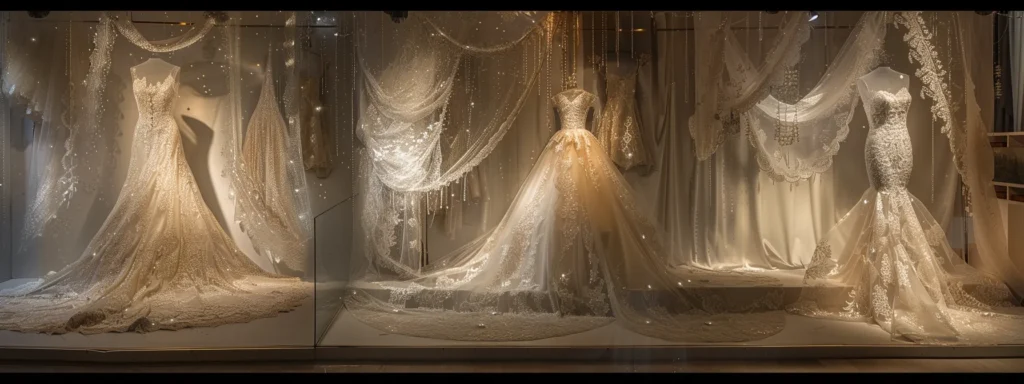 a Sophisticated Bridal Boutique Adorned with Elegant Wedding Dresses on Display, Each Gown Showcasing Intricate Lace and Flowing Satin, Illuminated by Soft, Dreamy Lighting That Enhances the Romantic Atmosphere. - Scarlet Poppy Bridal Boutique - Scarlet Poppy Bridal Boutique