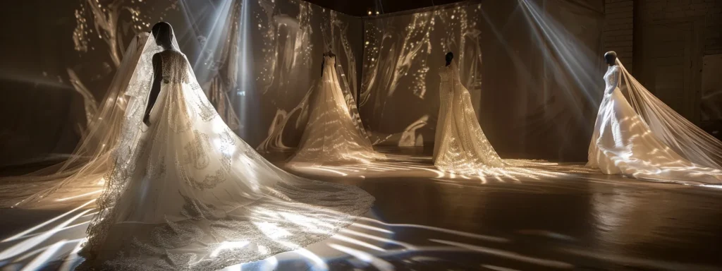 a Striking Display of Elegantly Draped Wedding Dresses, One Crafted from Sumptuous Silk Adorned with Intricate Lace and the Other from Sleek Synthetic Fabric, Illuminated by Soft, Diffused Lighting to Highlight the Rich Textures and Contrasting Qualities. - Scarlet Poppy Bridal Boutique - Scarlet Poppy Bridal Boutique